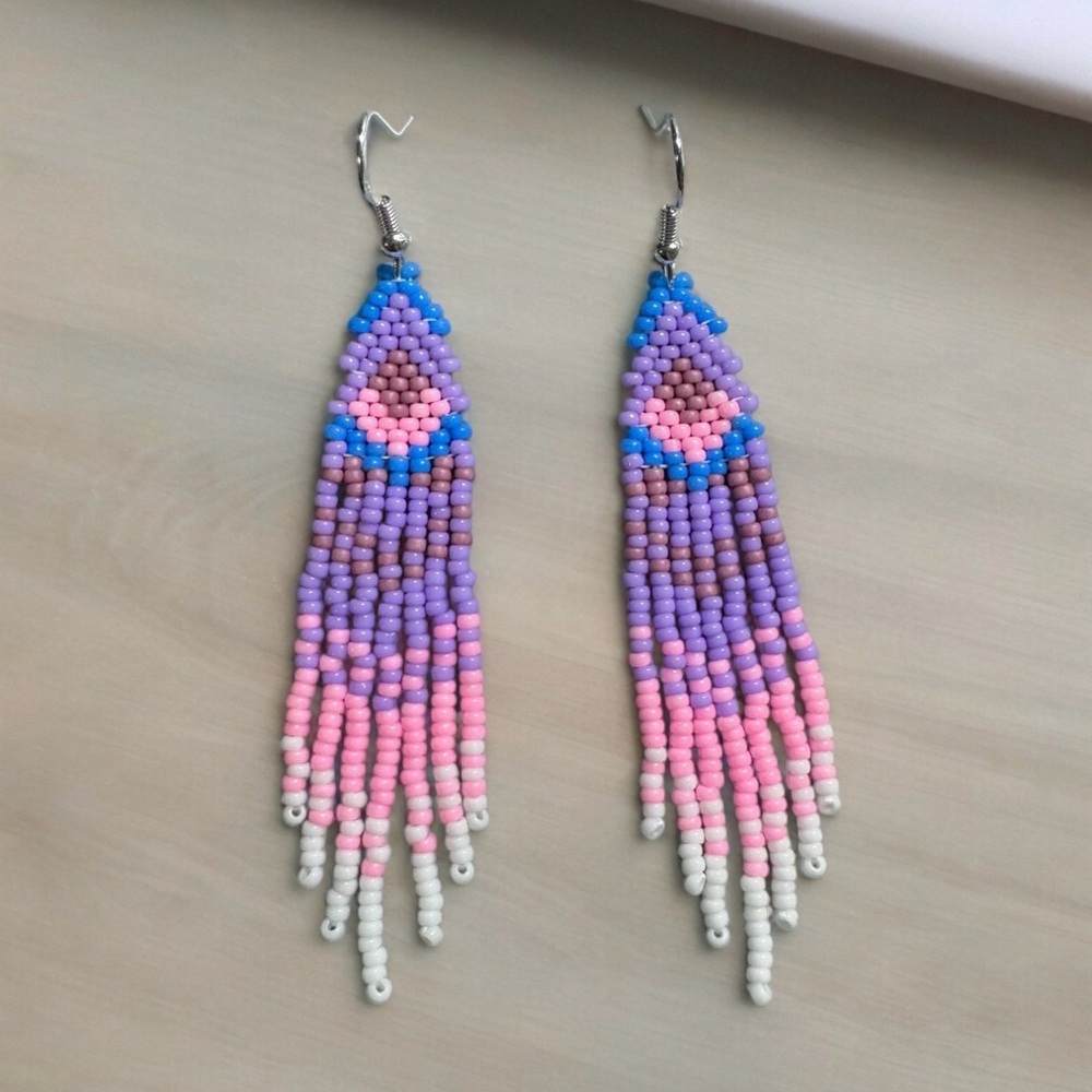 Handmade Seed Beaded Earrings Dangle Earrings Sterling Silver Ear Hook 3.5” Long